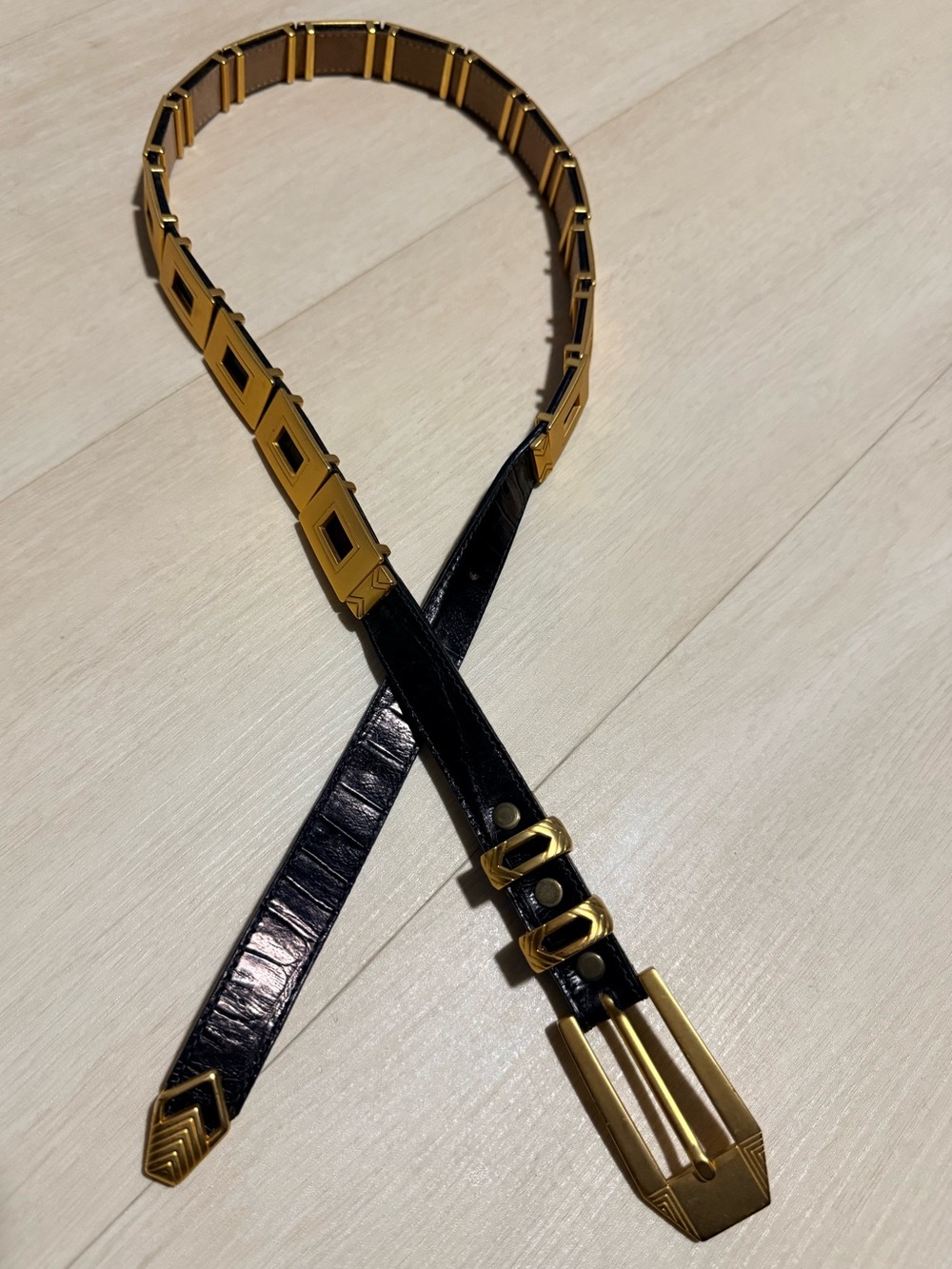 Rare B.B. Simon Black and Gold Solid Brass and Leather Belt Size XL